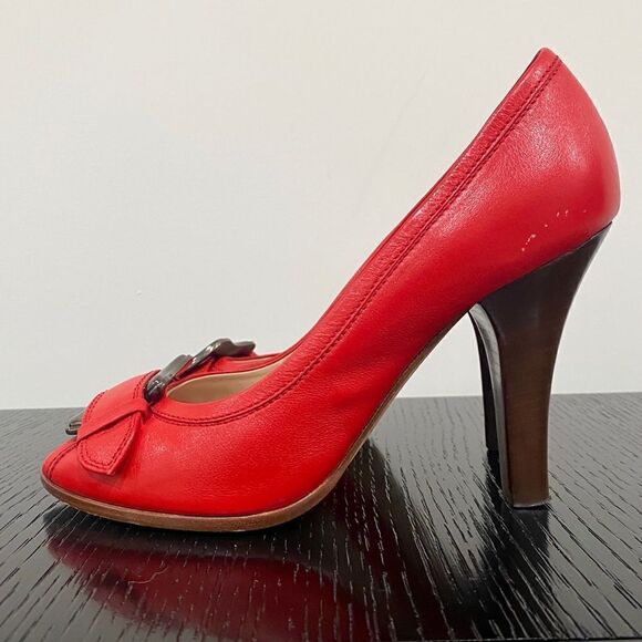 FENDI Red Buckle Peep Toe Pumps Stacked Heel - Picture 5 of 8